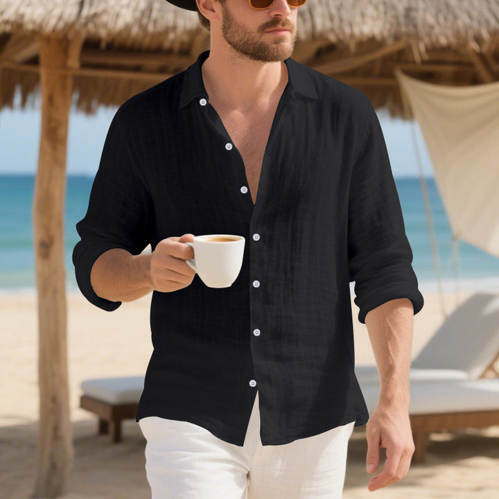 Men's casual linen shirt with open kent collar, rolled-up sleeves and rounded hem StylebySassy