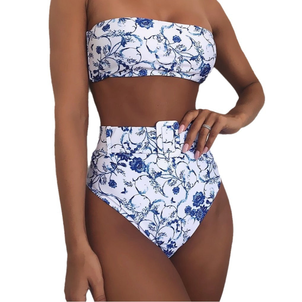 Women High-waisted Bandeau Bikini Set with trendy leopard print StylebySassy