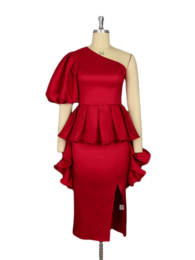 Women's cocktail dress with asymmetric cut and voluminous ruffle design StylebySassy