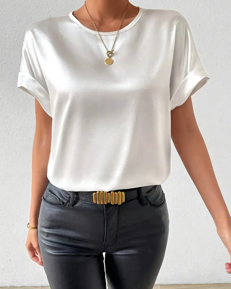 Women nan lightweight satin blouse shirt with round neck and cuff sleeves StylebySassy