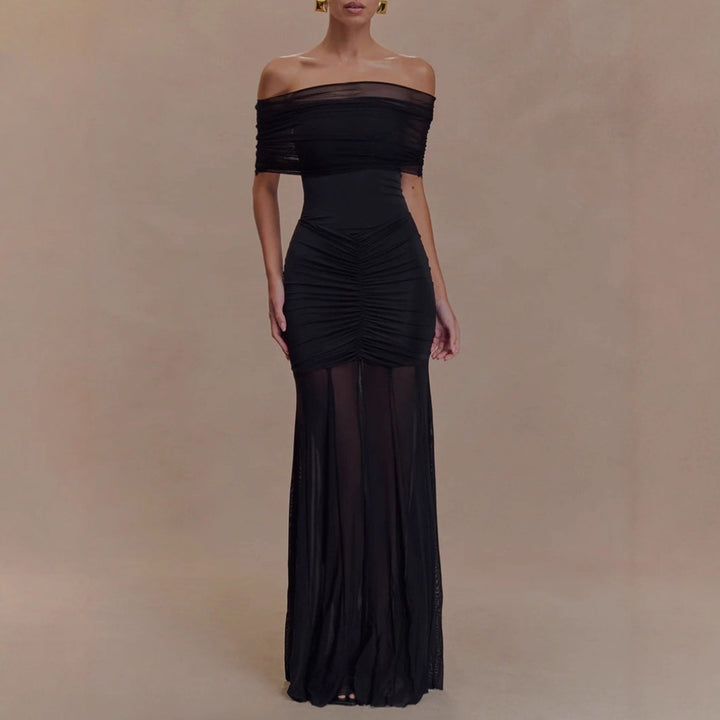 Women's off-the-shoulder evening dress with figure-hugging jersey underdress and sheer chiffon overlay StylebySassy