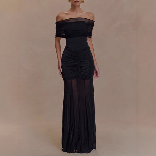 Women's off-the-shoulder two-piece evening dress with ruched mini dress and transparent floor-length skirt StylebySassy