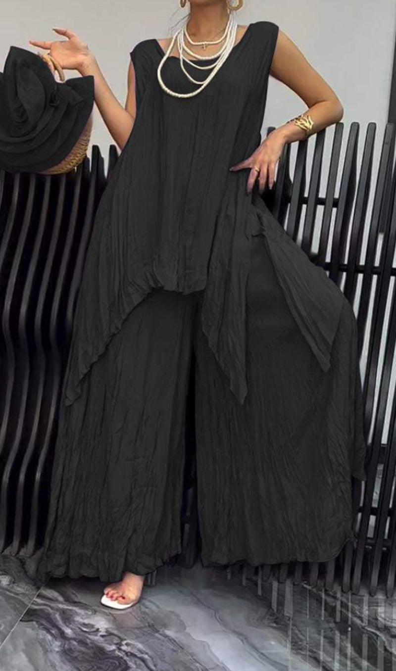 Women two-piece set in airy crinkle look with sleeveless tunic and wide palazzo pants StylebySassy