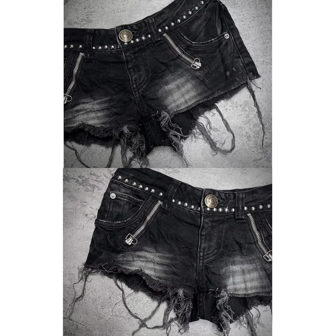 Ladies Fashion Destroyed Denim Shorts with Studs StylebySassy