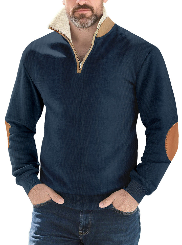 Men's structured knit half-zip pullover with warming sherpa collar and velour elbow patches StylebySassy