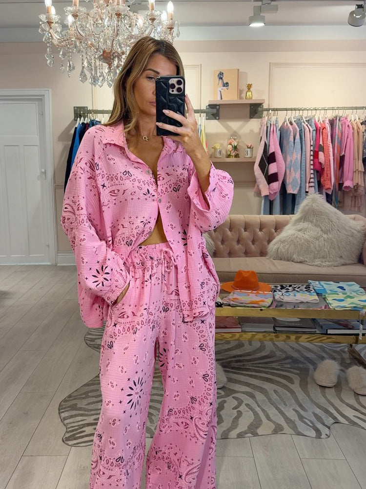 Women's airy lace embroidery beach two-piece set with oversized shirt, chest pocket, and wide palazzo pants StylebySassy