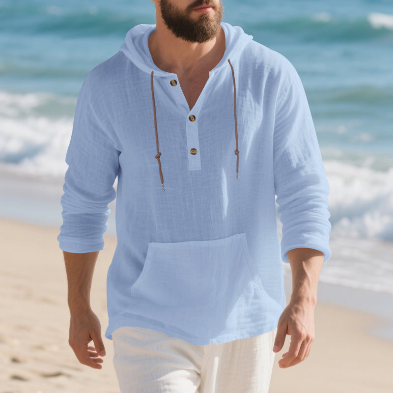 Men's lightweight hooded henley made of linen-cotton blend with kangaroo pocket and button placket StylebySassy
