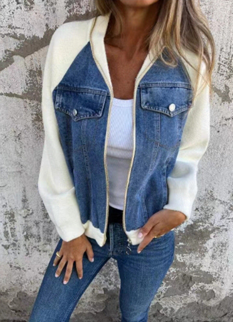 Women's Sweat-Jeans-Bomber Jacket with Raglan Sleeves, Breast Pockets, and Zipper StylebySassy