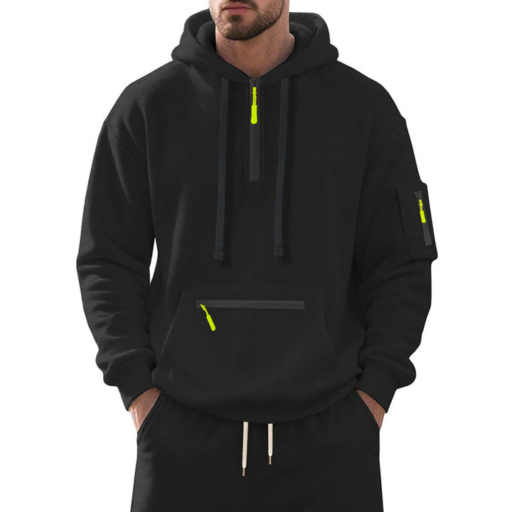 Men's half-zip hoodie with sealed zippers, kangaroo zip pocket, and arm pocket StylebySassy
