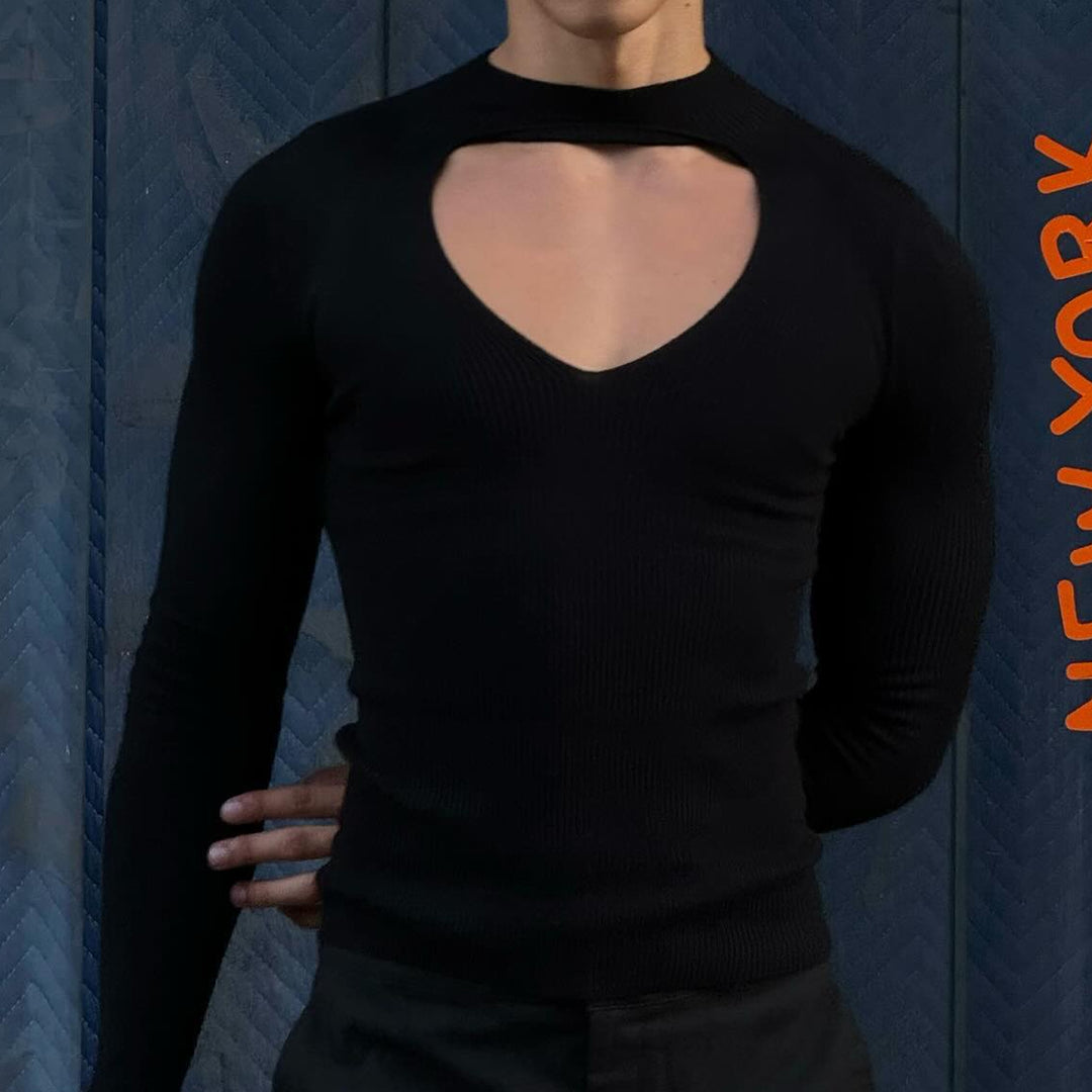 Women’s figure-hugging long sleeve top with cut-out and stand collar StylebySassy