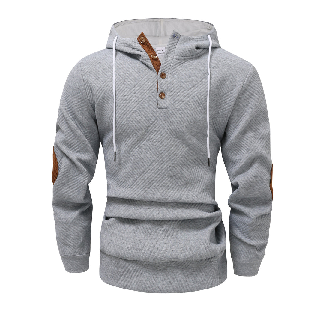 Men's structured hoodie in Henley style with contrast trim and elbow patches StylebySassy