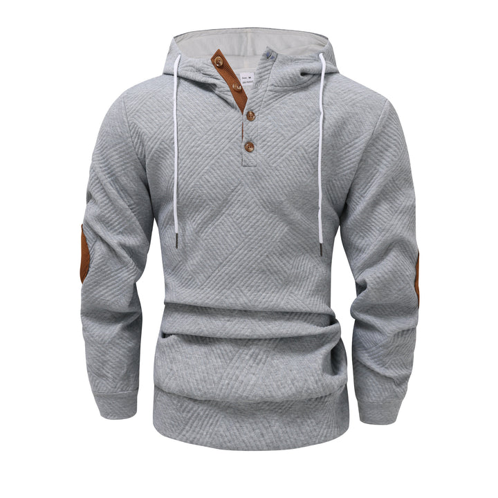 Men's structured hoodie in Henley style with contrast trim and elbow patches StylebySassy
