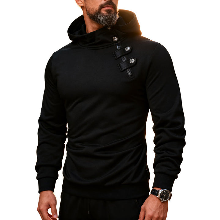 Men's fitted hoodie with high collar, decorative tabs and concealed diagonal zipper StylebySassy