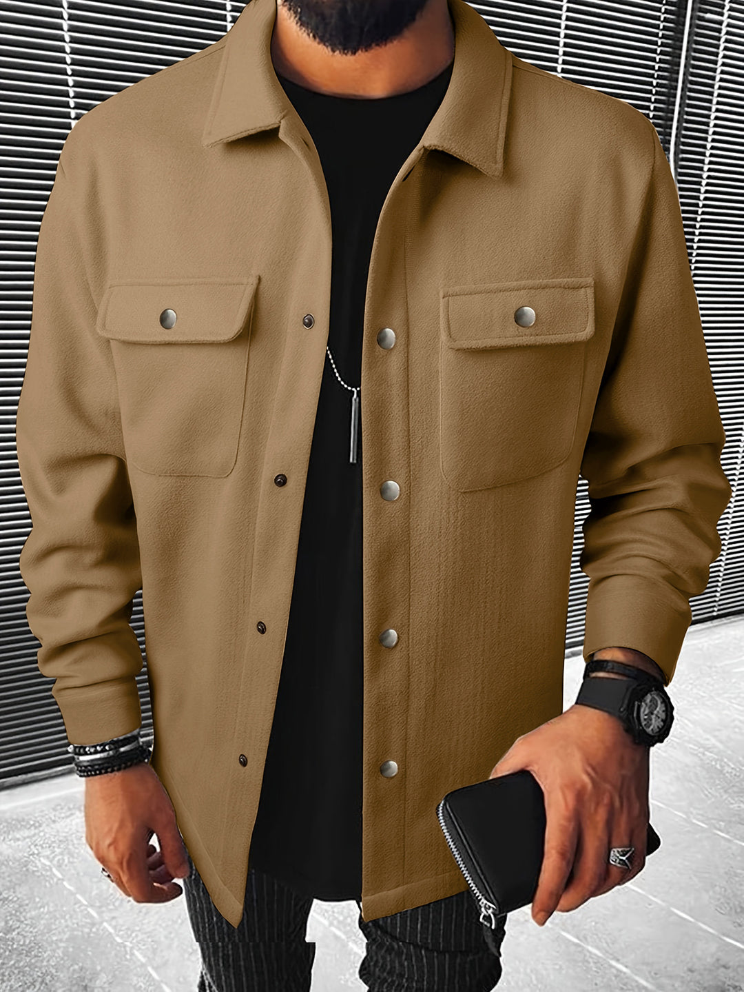 Men's shirt jacket made of wool blend with snap buttons and patch pockets StylebySassy