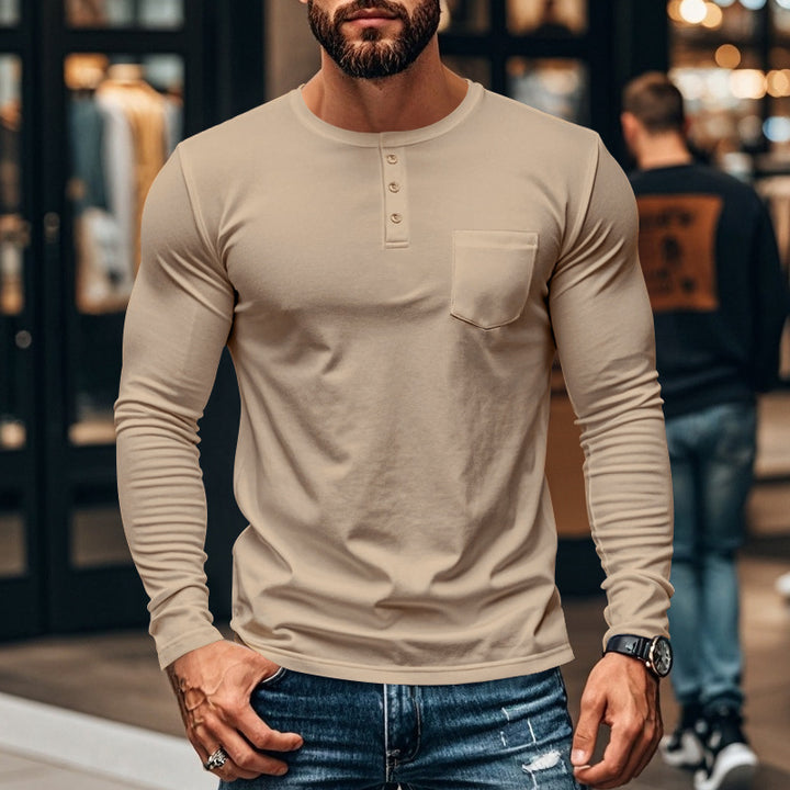 Men's slim long-sleeve button shirt with short button placket and chest pocket StylebySassy