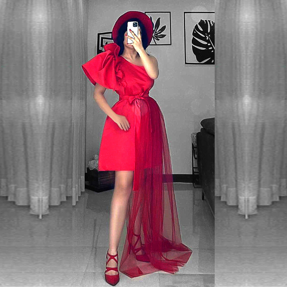 Women asymmetrical cocktail dress with ruffle and waist lacing StylebySassy