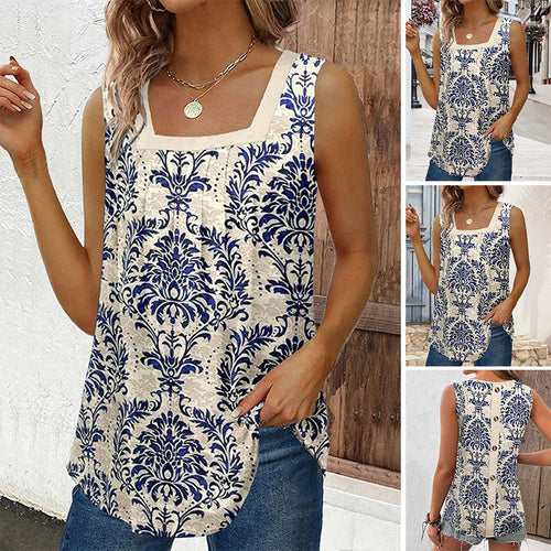 Women's sleeveless linen look top with square neckline, ornamental baroque print and rounded hem StylebySassy