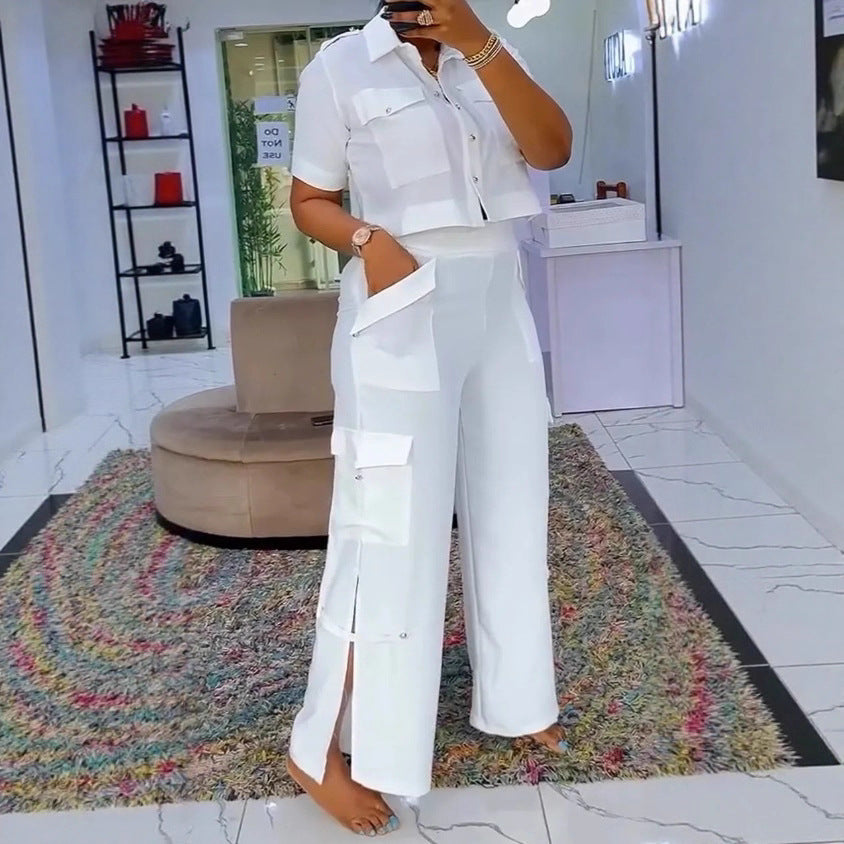 Women's two-piece shirt and cargo pants set with short oversized shirt, high waist, wide leg, and side leg slits StylebySassy