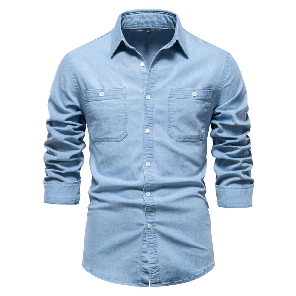 Men's narrow cut denim shirt with Kent collar and patch chest pockets StylebySassy
