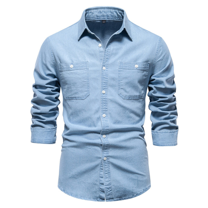 Men's narrow cut denim shirt with Kent collar and patch chest pockets StylebySassy