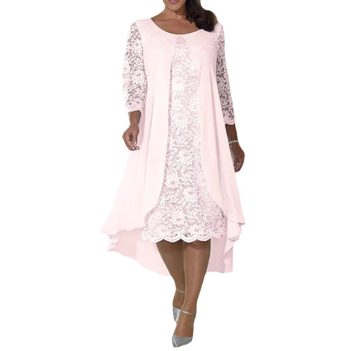 Ladies' elegant chiffon lace dress with high-low overlay and three-quarter sleeves StylebySassy