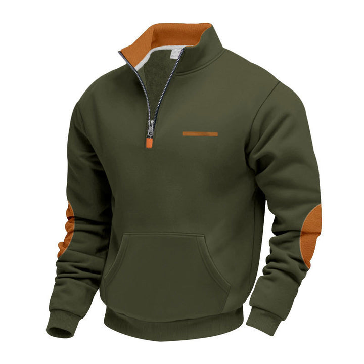 Men's half-zip sweatshirt with stand-up collar, kangaroo pocket, and elbow patches StylebySassy
