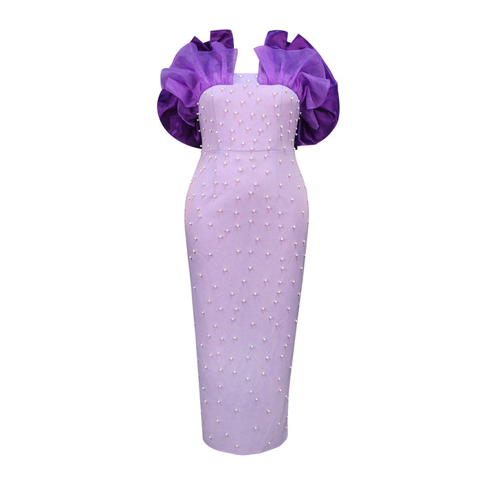 Women Elegant Body-Hugging Dress with Puff Sleeves and Pearl Decorations StylebySassy
