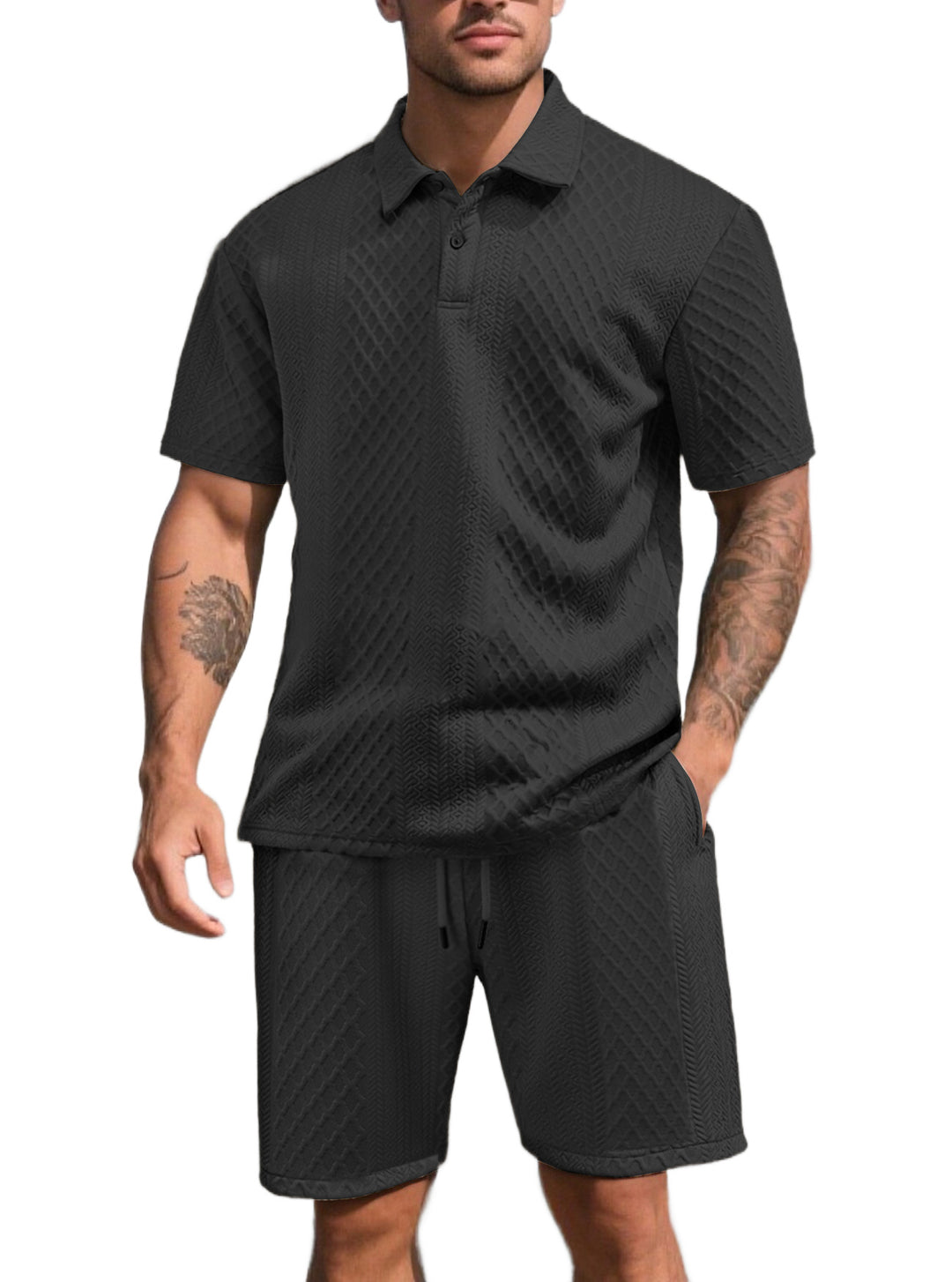 Men's three-dimensional relief leisure set with polo collar, concealed button placket and elastic drawstring shorts StylebySassy