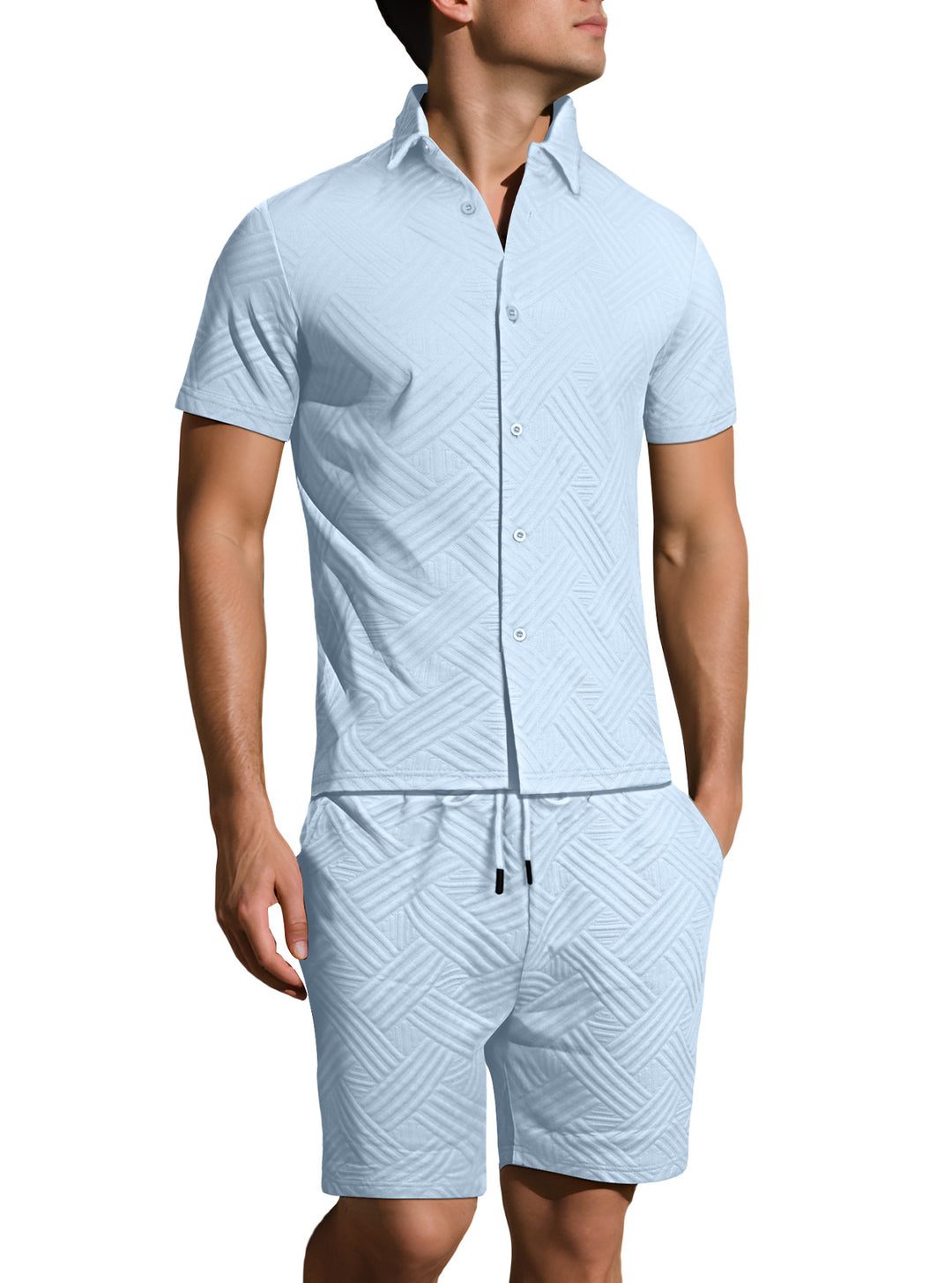 Men's lightweight short-sleeve shirt and Bermuda two-piece set with embossed woven texture and drawstring waistband StylebySassy