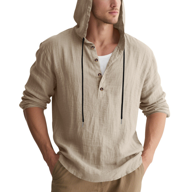 Men's casual linen henley with hood, drawstring and three-button placket StylebySassy