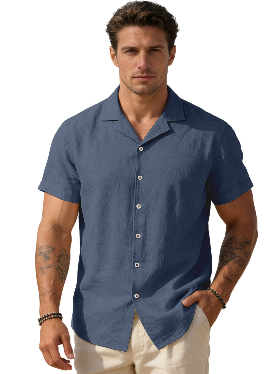 Men's airy linen camp shirt with open lapel collar short sleeve and relaxed summer fit StylebySassy