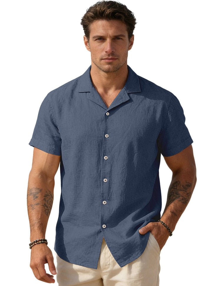 Men's airy linen camp shirt with open lapel collar short sleeve and relaxed summer fit StylebySassy