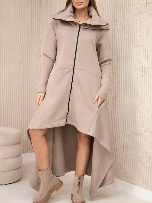 Women's nan asymmetrical sweatshirt dress with high stand-up collar, full-length zipper and extended back hem StylebySassy