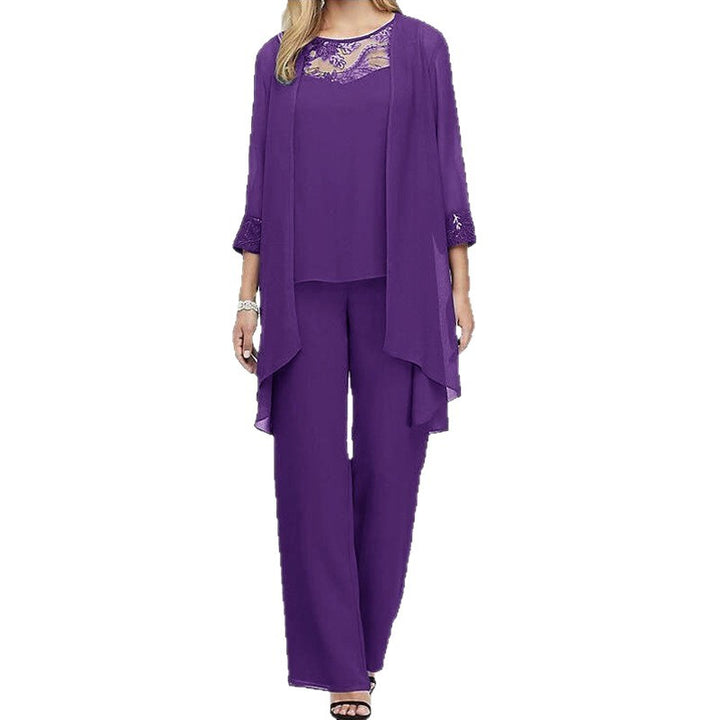 Women's flowing chiffon evening ensemble with lace trim, kimono cardigan and wide palazzo pants StylebySassy