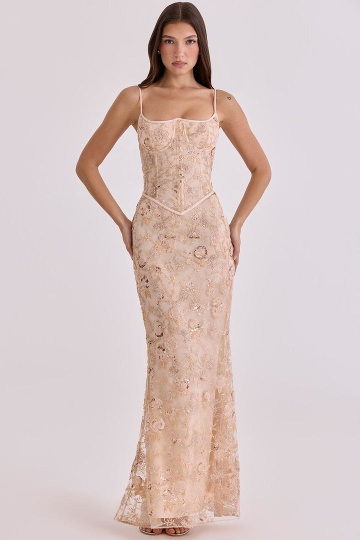 Ladies embroidered corset evening dress with transparent lace and figure-hugging silhouette StylebySassy