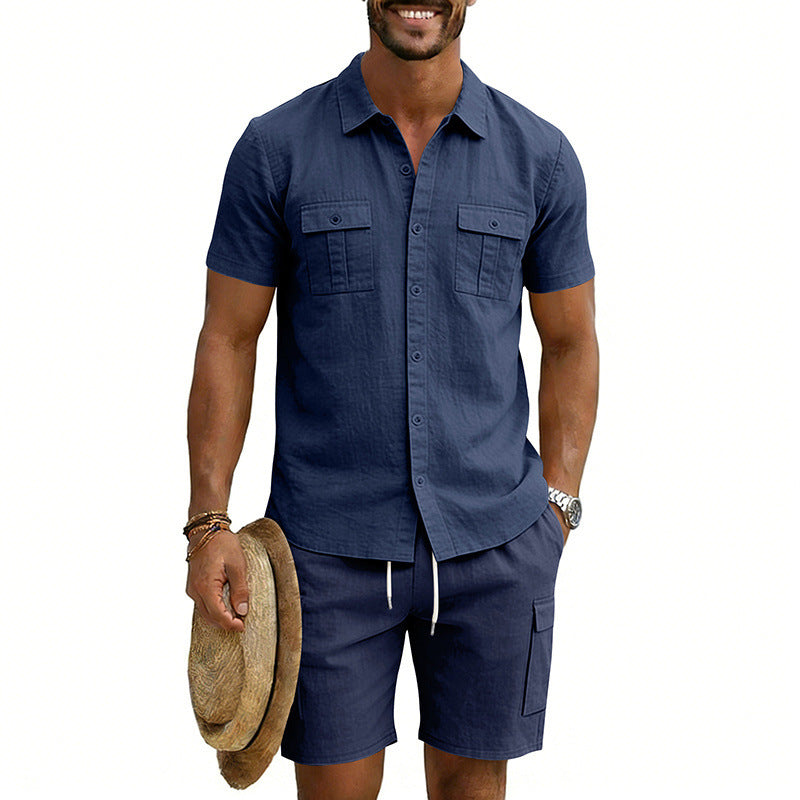 Men's summer leisure set made of cotton-linen blend with short-sleeve shirt and cargo shorts StylebySassy