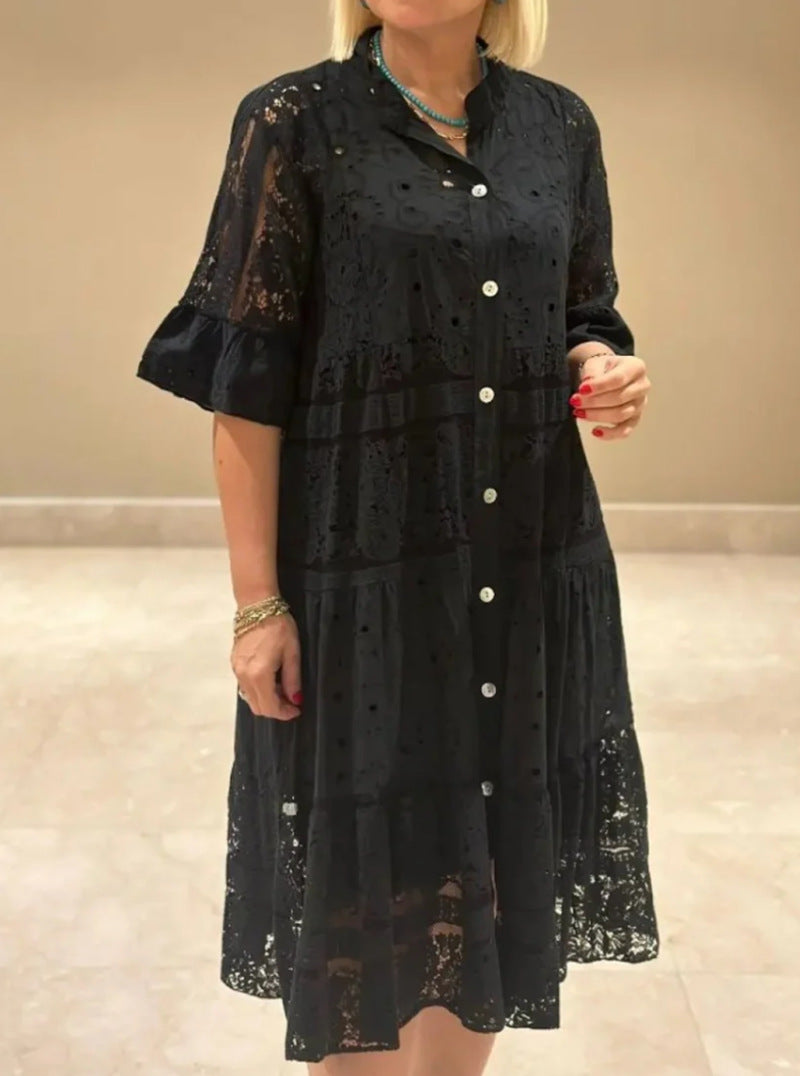 Women's shirt blouse midi dress with lace inserts, tiered skirt and full button placket StylebySassy