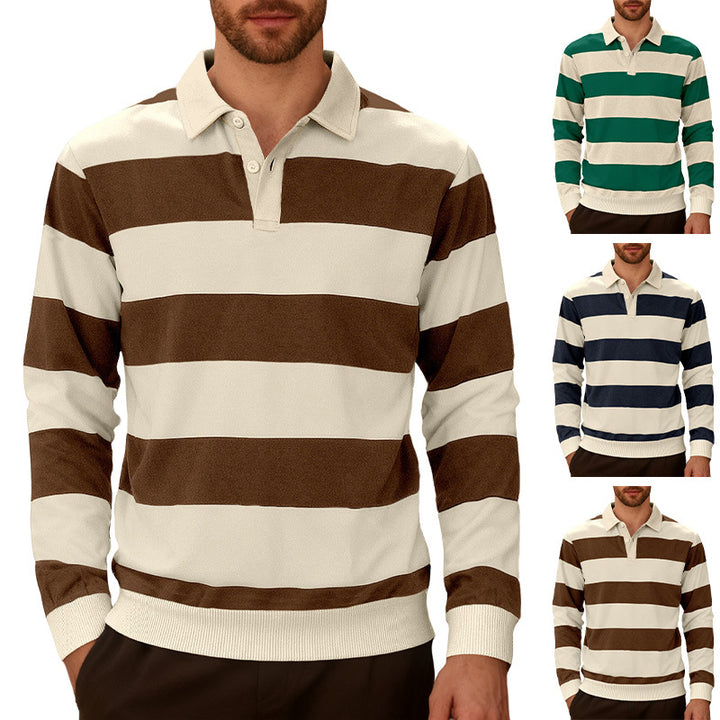 Men's striped rugby polo with a Kent collar, two-button placket, and ribbed hem StylebySassy