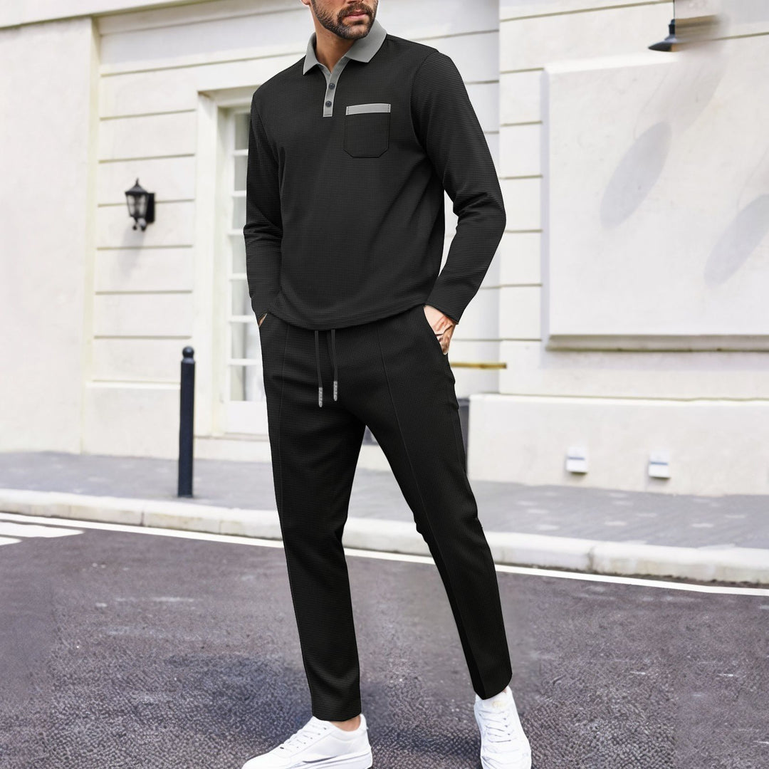 Men's travel set made of structured jersey with long sleeve polo shirt, chest pocket, and slim fit drawstring pants StylebySassy