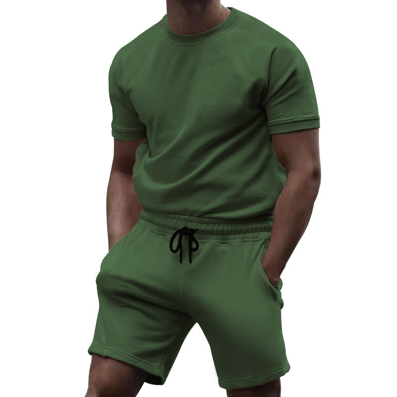 Men's short-sleeve sweat set made of soft sweatshirt fabric with a round neck shirt and drawstring shorts StylebySassy