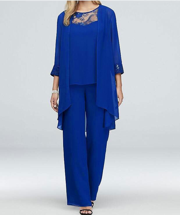 Women's flowing chiffon evening ensemble with lace trim, kimono cardigan and wide palazzo pants StylebySassy
