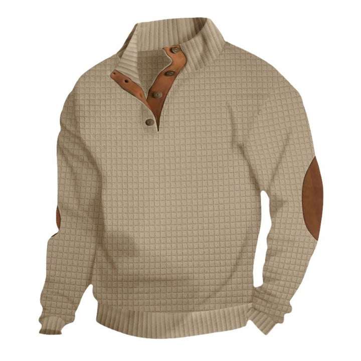 Men's structured ribbed pullover with short button collar and suede elbow patches StylebySassy