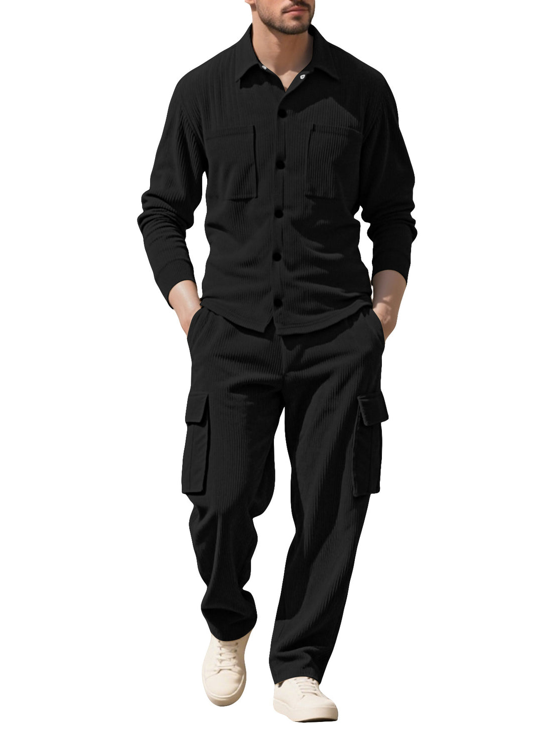 Men's ribbed worker shirt with chest pockets and relaxed cargo pants StylebySassy