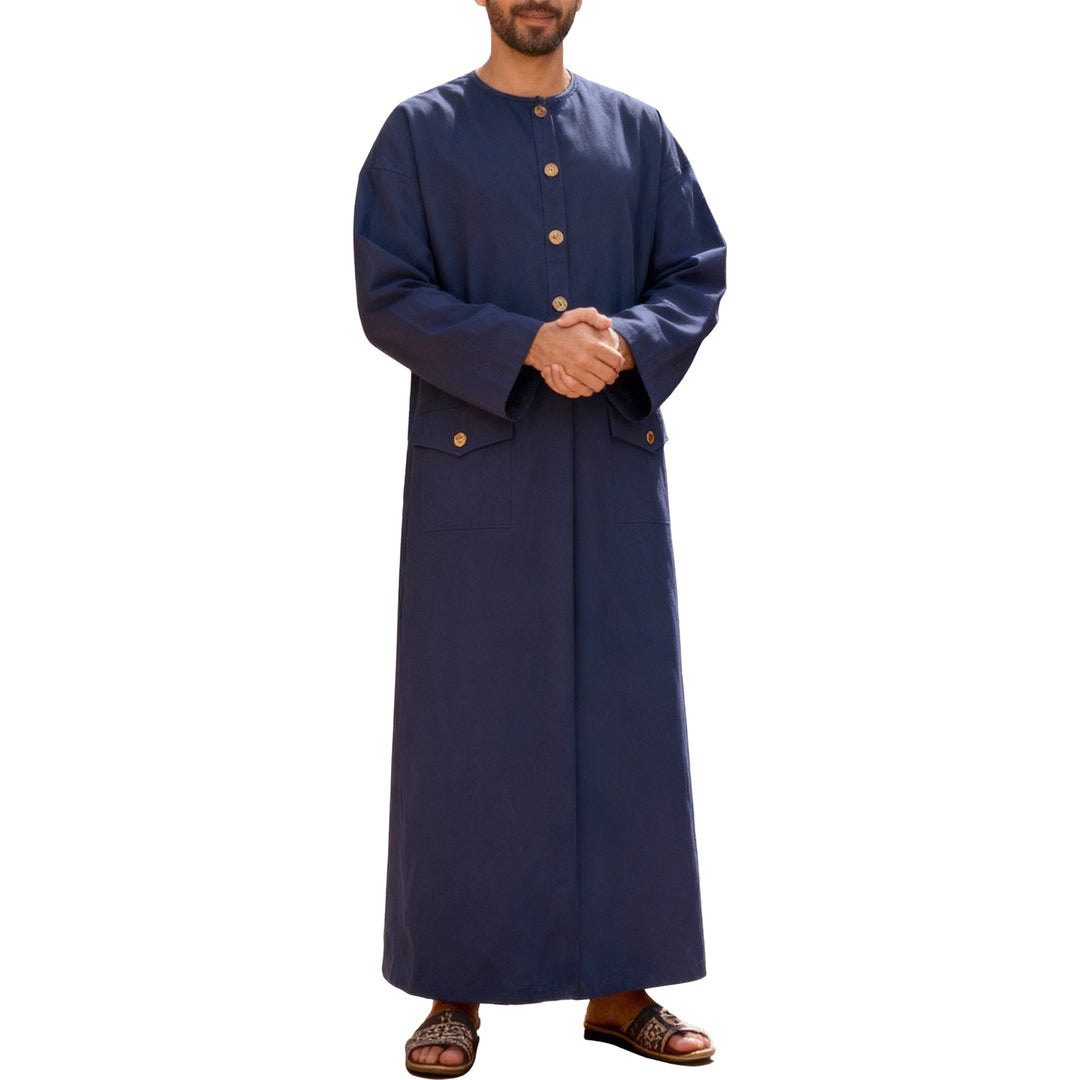 Men's long minimalist coat with round neckline, continuous button placket, and applied flap pockets StylebySassy