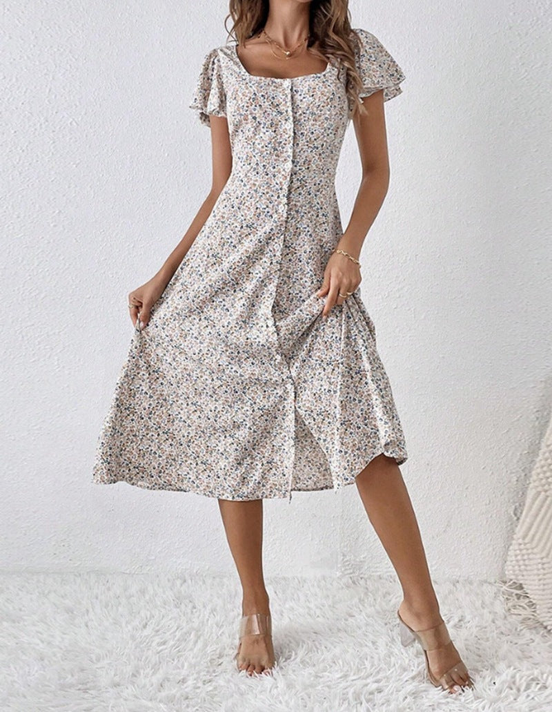 Women's fitted midi dress with square neckline, concealed button placket, and flowing A-line skirt StylebySassy