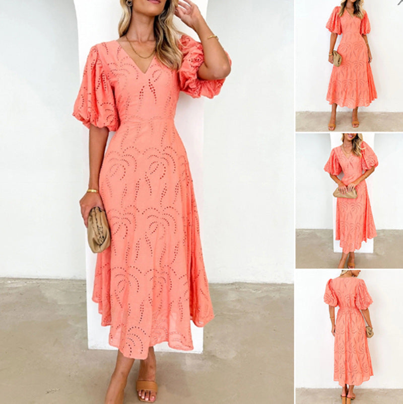 Women’s tailored mid-length dress with embroidery eyelet and voluminous balloon sleeves StylebySassy
