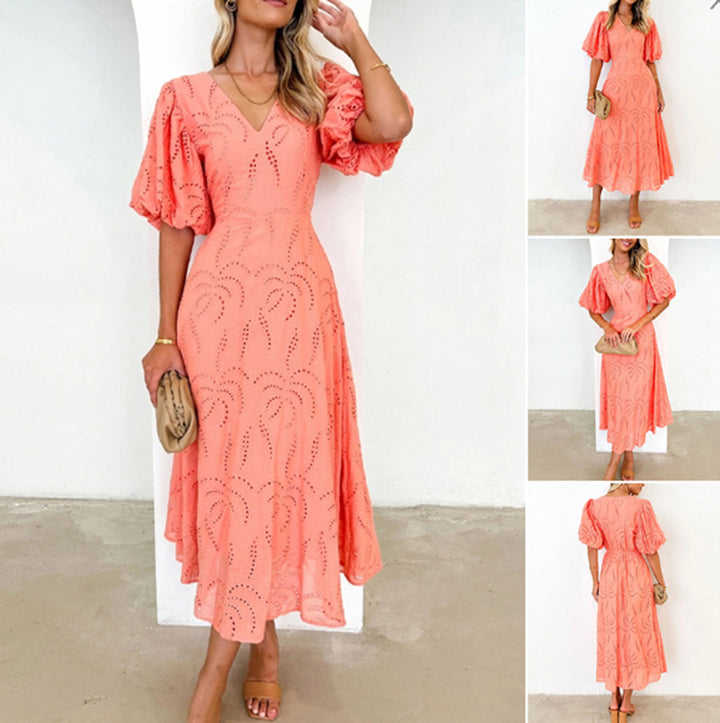 Women’s tailored mid-length dress with embroidery eyelet and voluminous balloon sleeves StylebySassy