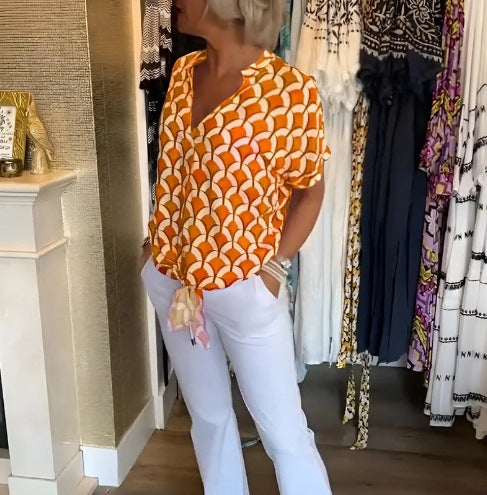 Women’s short-sleeved geometric blouse shirt with knot waistband and stand-up collar StylebySassy