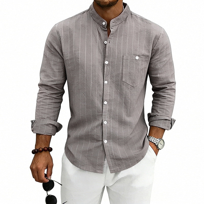 Men's breathable pinstripe long-sleeve shirt with stand collar, chest pocket, and rounded hem StylebySassy