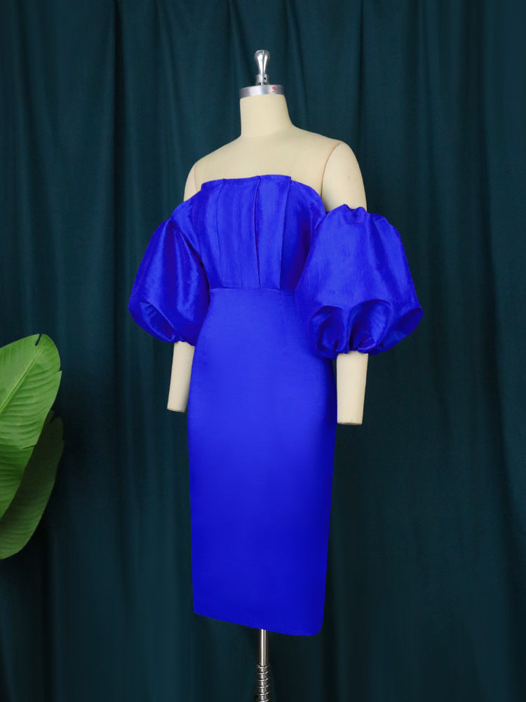 Ladies fitted dress with off-shoulder design and voluminous puff sleeves StylebySassy